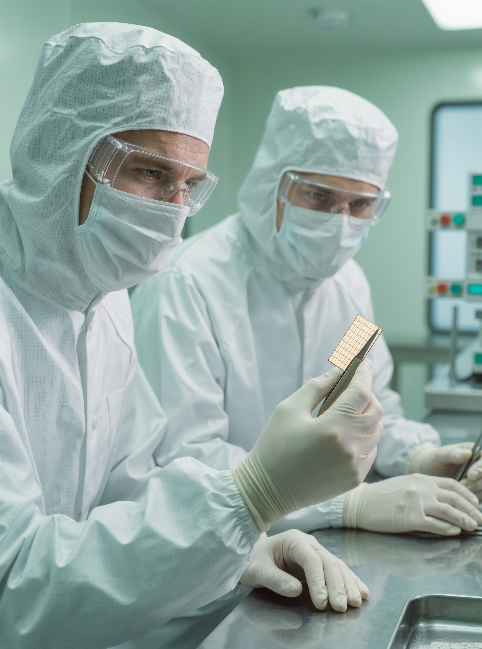 Scientists in a cleanroom inspecting a silicon sample