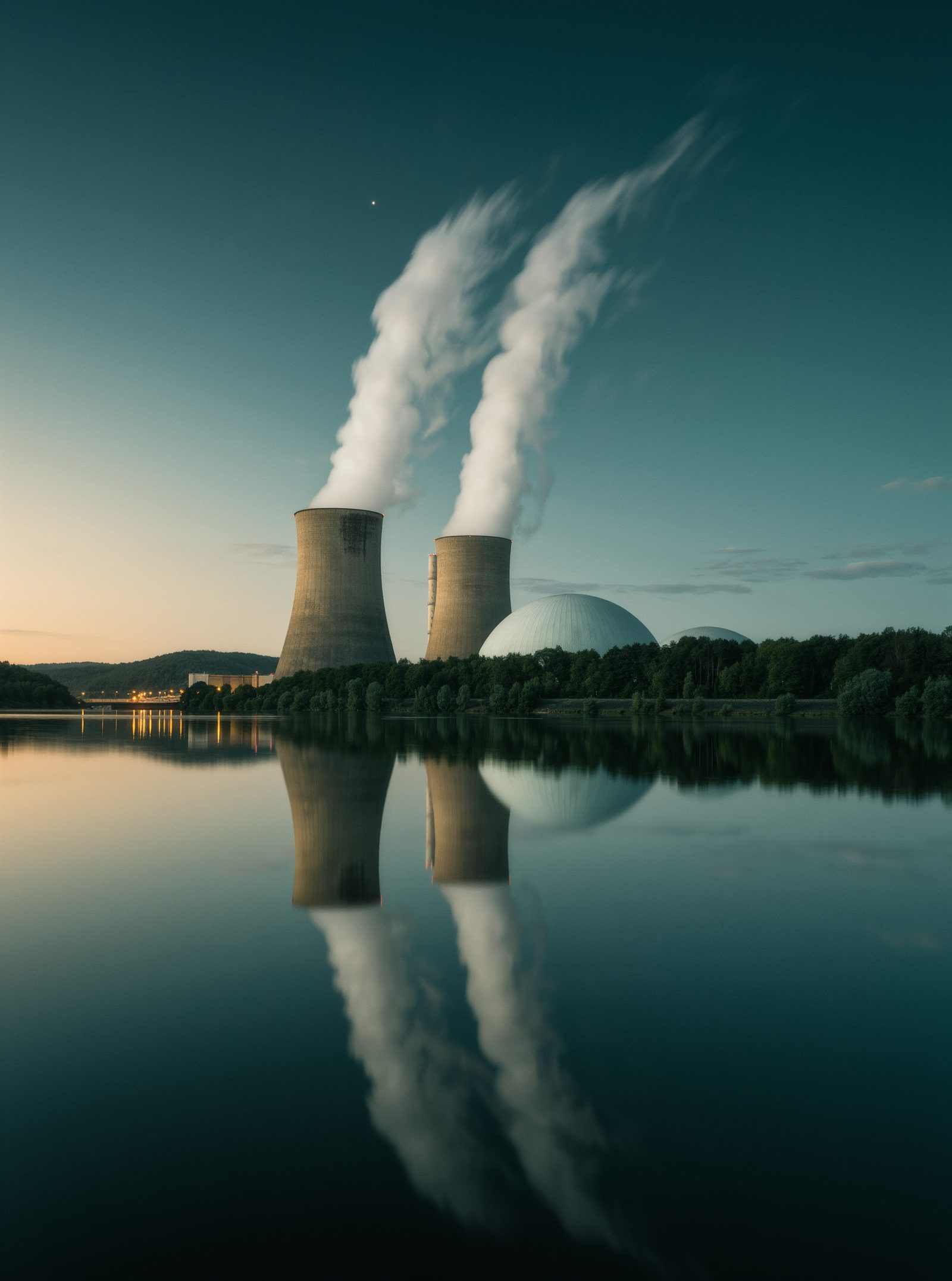 Nuclear power station at dusk